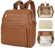 MISS FONG Diaper Bag Nappy Backpack, Large Multifunctional Leather Baby Nappy Backpack with Portable Changing Backpack, Large, 2 Insulated Pockets, Stroller Straps for Mum and Dad - Brown