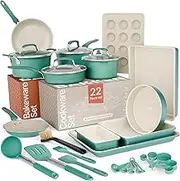 Pots and Pans Set, 22-Piece Non Stick Cookware & Bakeware Sets with Plaid Pattern, Stackable Design, Dishwasher Safe, Stain-Resistant, Oven & All-Stove Safe, Tempered Glass Lid,Aqua