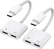 2PCS USB C to Dual USB C Audio Headphone and Charging Fast Charging 60W/100W Adapter for iPhone 15 Series, Samsung Xiaomi Huawei - White