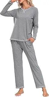[MoFiz] Women's Pajamas Sets Long Sleeve with Plaid Pants Soft Sleepwear 2 Piece Pjs Lightweight Lounge Set with Pockets