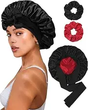 Reversible Satin Bonnet for Sleeping Women Double Layer Hair Bonnet with 2PCS Hair Scrunchies Elastic Tie Band Night Cap, Black+red, One Size