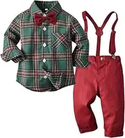 [Xumplo] Toddler Baby Boys Christmas Outfits Kids Gentleman Suit Xmas Outfit Tuxedo Plaid Shirts Long Sleeve Suspender Pants Set with Bow Tie 1-7 Years