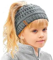 [TOSKATOK] Girl's Thermal Teddy Fleece Lined Ponytail Beanie Hat, GREY, One size