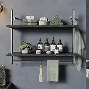 Industrial Pipe Shelf Bathroom Shelves with Towel Bar, 31 inch Floating Shelves 2 Tier for Wall Storage, Kitchen Wood Wall Mounted Shelf Display Rack for Living Room Bedroom, Black Marble