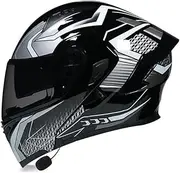 Full Face Adult Street Bluetooth Motorcycle Helmet, Dual Visor Flip Up Modular Helmet DOT Approved with Microphone Motorbike Bike Moped Helmet for Men and Women F,XXL=61-62CM