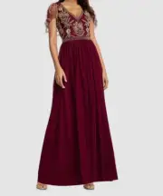 $395 Aidan Mattox Women's Red Beaded Sheer Cape Sleeve Evening Gown Dress Size 6
