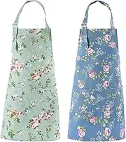 HOMKIN Women Kitchen Apron-2 Pack, Cotton Canvas Flower Apron, Floral Pattern Apron with Pockets for Women Chef Apron(Green&Blue)