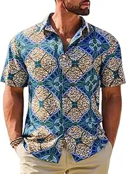 [Runcati] Mens Short Sleeve Shirts Button Down African Traditional Pattern Dashiki Shirt Casual Vintage Floral Hippie Tops