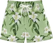 [RPLIFE] Swim Shorts for Boys, Anti-Chafe Swim Trunks Boys 2 T, Floral White Lilies Green Leaves