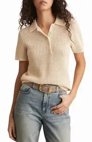 Reiss Evi Open Stitch Cotton & Linen Blend Polo in Ivory at Nordstrom, Size X-Small