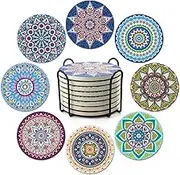 Coasters for Drinks,Absorbent Ceramic Stone with Cork Backing Mandala Style Coaster,Suitable for Kinds of Cups and Mugs,Protect Your Furniture from Spills Scratches Water Rings and Damage,Set of 8