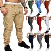 Mens Elasticated Waist Cargo Work Trousers Casual Bottoms Jogger Sports Pants AU