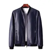 Jacket Vinatge Smooth Faux Leather Windproof Plus Size Stand Collar Solid Color Long Sleeve Zipper blue L