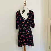 Bec & Bridge Dahlia Black Wrap Mini Dress Pop Floral Silky Feel Flowy s 8 NWT