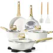 Pots and Pans Set Non Stick - 14 Pcs White Granite Kitchen Cookware Sets Nons...