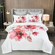 Floral Quilt/Doona/Duvet Cover Set (Queen/King/Super King Size Bed) (Red, Queen)