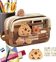 Aesthetic Clear Pencil Bag - Capybara Large Capacity Multi-Layers Pouch,Cute Workplace Stationery, Multi-Layers & Clear Wide Opening Mouth with Stickers for Teen Girls Boys College
