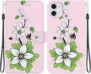 CrazyLemon for iPhone 11 Case Wallet Cute Floral White Lily Flowers Design PU Leather Magnetic Folio Kickstand Case for iPhone 11 with Strap & Card Holder for Women Girls Slim Shockproof Cover, Pink