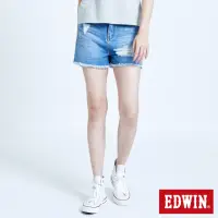 在飛比找momo購物網優惠-【EDWIN】女裝 拼貼破損加工短褲(石洗藍)
