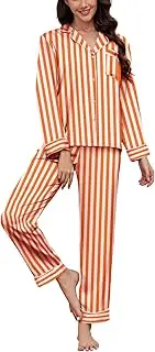 [Cudkim] Womens Silk Satin Pajama Sets Soft Long Sleeve Button Down Sleepwear 2 Piece Pjs Set