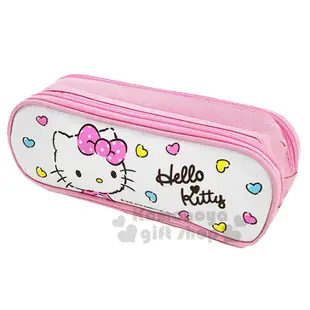 小禮堂 Hello Kitty 帆布雙層拉鍊筆袋《粉白.愛心》收納包.化妝包.鉛筆盒