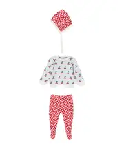 Cherry pattern sweater, elastic waist pants, hat 9M,3M White
