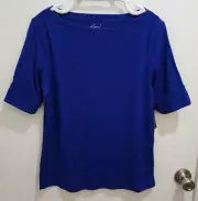 NEW Kim Rogers Women's Short Rolled Sleeve Boat Neck Casual Tee Shirt Top Blue M