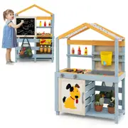 Costway 2 in 1 Solid Wood Mud Pretend Play Kitchen Toy Playset w/Blackboard Water Box & Sink Grey