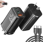 HEYMIX 65W USB-C GaN Charger, Fast USB PD Wall Charger, 45W/30W/25W/20W USB C Power Adapter 3-Port AU Plug Compatible with MacBook Pro/Air, iPhone 14/13, S22/S21, Pixel, Dell, Thinkpad,iPad Pro, Black