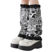 Women Punk Leopard Patchwork Denims Leg Warmer Ruffled Trim Flared Leg Covers