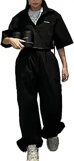 [RISCUYY] Two Piece Sets for Women POLO Neck Short Shirt and Drawstring Wide Leg Pant Lounge Matching Set Sweatsuit