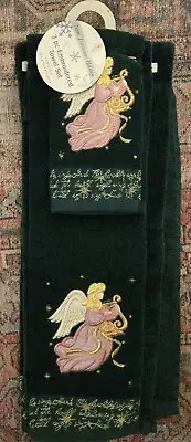 3 pc Embroidered Bath Set Green W/Angel & Harp Bath & Hand & Fingertip Towels