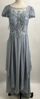 Azazie Women's Lunda Dusty Blue Short Sleeve A-Line Lace Chiffon Dress Size A6