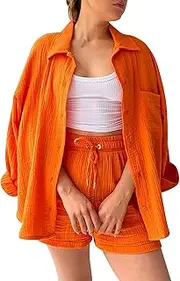 Two Piece Lounge Set For Women Long Sleeve Button Down Shirts And Baggy Shorts Matching Set Solid 2024 Tracksuits