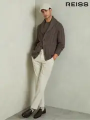 Reiss Taupe Melange Armitage Cabled Shawl-Collar Cardigan with Cotton and Wool (AA4574) | $295