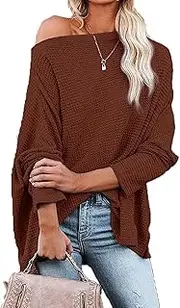 [OULIWANGLUO] Women's Loose Off Shoulder Waffle Knit Jumper Sweatshirt Boat Neck Batwing Long Sleeve Tops Casual Tunic Blouse Pullover Sweaters (Brown,Large)