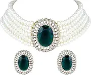 [I Jewels] Gold Plated Indian Wedding Bollywood Green Stone Studded Pearl Choker Necklace Jewellery Set For Women/Girls (ML316)