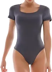 [SINOPHANT] Short Sleeve Bodysuits for Women Scoop Neck Bodysuit Stretchy Basic T Shirt Tops
