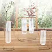 Flower Glass Tube Vase Plant Planter Container Gold Metal Line Holder Stand