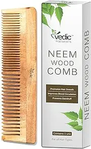 Vedic Naturals 100% Pure & Natural Neem Wood Comb Promotes Hair Growth Reduces Hair Fall & Control Dandruff Wide & Thin Teeth