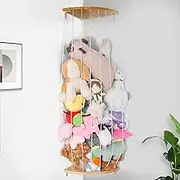 Stuffed Animal Storage, Wooden Stuffed Animal Storage Corner Cage, Wall Hanging Plushie Toys Holder with LED Light and Adjustable Length, Toy Organizer Shelf for Nursery Play Room Bedroom Kid Room