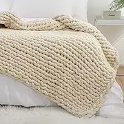 YAAPSU Chunky Knit Blanket Throw 60"x80", Soft Jumbo Chenille Throw Blanket, 100% Hand Knitted Throw Blankets for Couch Bed, Big Thick Yarn Cable Knit Blanket, Large Rope Knot Crochet Blanket (Beige)