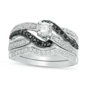 0.88 CT. T.W. Enhanced Black and White Natural Diamond Bypass Bridal Engagement Ring Set in Sterling Silver