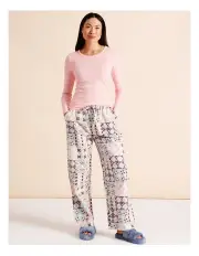 [Soho] Long Sleeve Knit Flannelette Pant PJ Set in Tile Print
