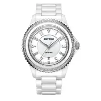 在飛比找PChome24h購物優惠-RHYTHM日本麗聲 璀璨奢華鑲鑽日期顯示窗格陶瓷腕錶-白/