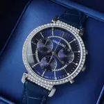 SWAROVSKI PASSAGE CHRONO 水鑽圈 藍色錶盤 藍色皮革錶帶 石英 三眼計時 女士手錶5580342