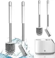 Silicone Toilet Brush and Holder Set, 2 in1 Non-Slip Handle Soft Flexible Flat Head Bristles Toilet Brush, Cleaning Brushes Set for Bathroom, Wall Mounting Leak Proof Slots Base