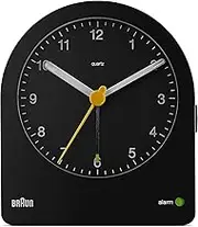 Braun Classic Analogue Alarm Clock with Snooze and Continuous Backlight, Quiet Quartz Movement, Crescendo Beep Alarm in Black, Model BC22B.
