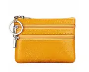 Women's Genuine Leather Coin Purse Mini Pouch Change Wallet with Keychain, Yellow