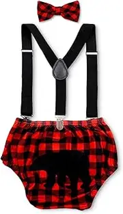 [Gicoherero] Lumberjack Cake Smash Outfit for Baby Boys Wild One Birthday Party,Diaper Cover Bloomer Bow Tie Suspenders Boys 1st Birthday Buffalo Plaid Milestone Photoshoot Supplies, Red, 8.86in×5.31in×0.98in
